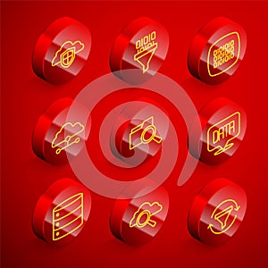 Set line Cloud and shield, Binary code, Network cloud connection, Search with folder, Data analysis, Server and