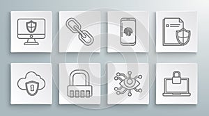 Set line Cloud and shield, Chain link, Safe combination lock, Eye scan, Laptop, Smartphone with fingerprint scanner