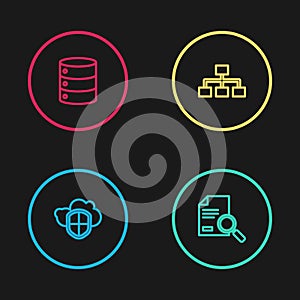 Set line Cloud and shield, Document with search, Hierarchy organogram chart and Server, Data, Web Hosting icon. Vector