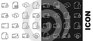 Set line Cloud and shield, Unknown document, Document folder with clock, download, upload, Delete, minus and Add new