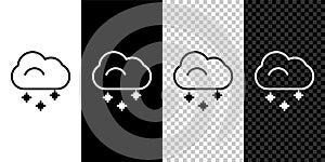 Set line Cloud with snow icon isolated on black and white background. Cloud with snowflakes. Single weather icon