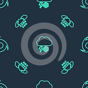 Set line Cloud with snow and lightning, rain and Tornado on seamless pattern. Vector