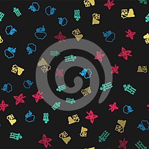 Set line Cloud with snow and rain, Wind, Tornado swirl and Pinwheel on seamless pattern. Vector