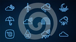 Set line Cloud, with snow and sun, rain, Rainbow clouds, Umbrella, Windy weather, and turbine icon. Vector