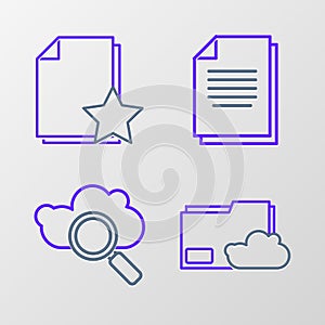 Set line Cloud storage text document folder, Search cloud computing, Document and with star icon. Vector
