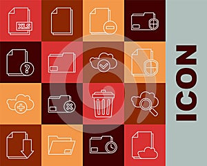 Set line Cloud storage text document, Search cloud computing, Document protection concept, with minus, folder, Unknown