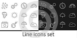 Set line Cloud, Sun and cloud, Compass, Tornado, Water drop, Sunrise and Earth globe sun icon. Vector