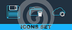 Set line Cloud sync refresh, Floppy disk and Delete folder icon. Vector