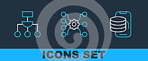 Set line Cloud technology data transfer, Algorithm and Neural network icon. Vector