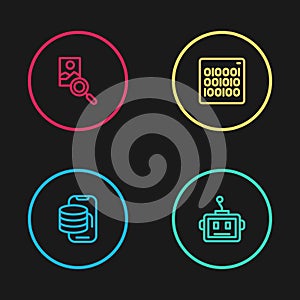 Set line Cloud technology data transfer, Artificial intelligence robot, Binary code and Photo retouching icon. Vector