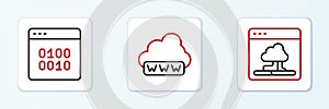 Set line Cloud technology data transfer, Binary code and Web development icon. Vector