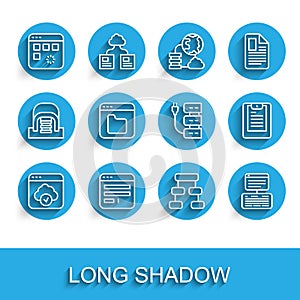 Set line Cloud technology data transfer, Browser window, Loading, Hierarchy organogram chart, Server, Data, Web Hosting