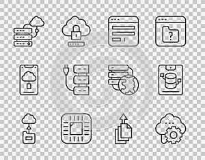 Set line Cloud technology data transfer, Browser window, Processor with CPU, Network cloud connection, Server, Data