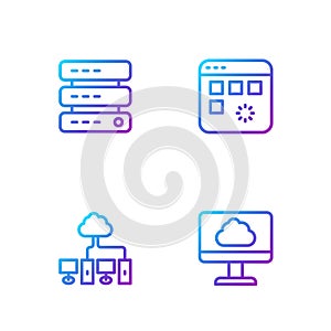 Set line Cloud technology data transfer, Computer network, Server, Data, Web Hosting and Loading window. Gradient color