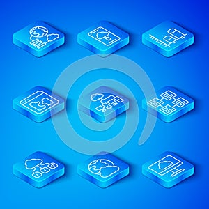 Set line Cloud technology data transfer, Computer network, Social, Hierarchy organogram chart, Data analysis, Broken