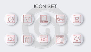 Set line Cloud technology data transfer, Digital speed meter, Laptop with browser window, Web developer programming code
