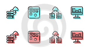 Set line Cloud technology data transfer, Network cloud connection, Loading window and Monitor with graph chart icon