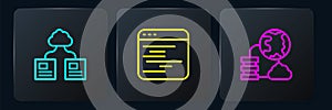 Set line Cloud technology data transfer, Network cloud connection and Software. Black square button. Vector