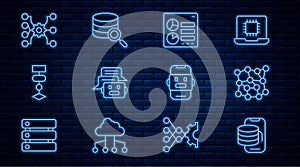 Set line Cloud technology data transfer, Neural network, Computer api interface, Chat bot, Algorithm, and Server icon
