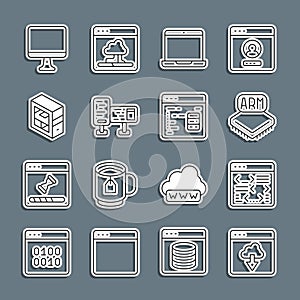 Set line Cloud technology data transfer, Software, Processor, Laptop, Computer monitor screen, and icon. Vector