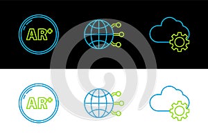 Set line Cloud technology data transfer and storage, Ar, augmented reality and Global social network icon. Vector