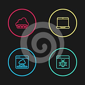 Set line Cloud technology data transfer, System bug, Laptop and Web development icon. Vector