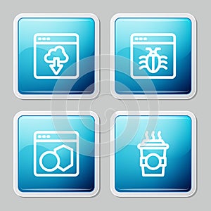 Set line Cloud technology data transfer, System bug, Software and Coffee cup to go icon. Vector