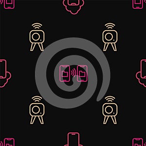 Set line Cloud technology data, Web camera and Data transfer and storage on seamless pattern. Vector