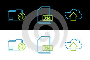 Set line Cloud upload, Add new folder and PSD file document icon. Vector
