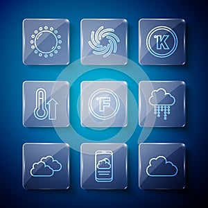 Set line Cloud, Weather forecast, Kelvin, Fahrenheit, Meteorology thermometer, Sun and with rain icon. Vector