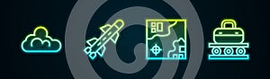 Set line Cloud weather, Rocket, World travel map and Conveyor belt with suitcase. Glowing neon icon. Vector