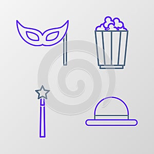 Set line Clown hat, Magic wand, Popcorn in box and Festive mask icon. Vector