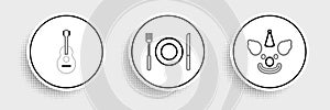 Set line Clown head, Guitar and Plate, fork and knife icon. Vector