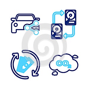 Set line CO2 emissions in cloud, Refund money, Data exchange with hhd and Car sharing icon. Vector