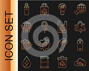 Set line CO2 emissions in cloud, Battery, Recycle symbol, Light bulb with leaf, Leaf plant gear machine, Hands holding