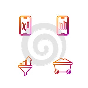 Set line Coal mine trolley, Sales funnel with chart, Mobile stock trading and graph. Gradient color icons. Vector