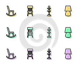 Set line Coat stand, Armchair, Chair and Table lamp icon. Vector
