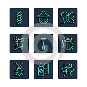 Set line Cockroach, Pressure sprayer, Insect fly, Butterfly, Fly swatter, Beetle deer, Centipede and Mite icon. Vector