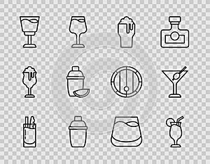 Set line Cocktail Bloody Mary, Glass of beer, shaker, Wine glass, with lime, whiskey and Martini icon. Vector