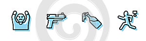 Set line Cocktail molotov, Thief surrendering hands up, Pistol or gun and Murder icon. Vector