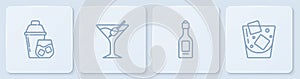 Set line Cocktail shaker, Champagne bottle, Martini glass and Glass of whiskey. White square button. Vector