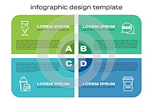 Set line Cocktail shaker, Glass of beer, Coffee cup to go and Street signboard with Bar. Business infographic template