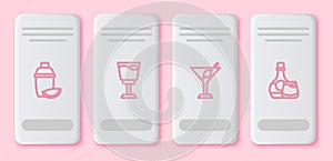 Set line Cocktail shaker with lime, Wine glass, Martini and Whiskey bottle and. White rectangle button. Vector