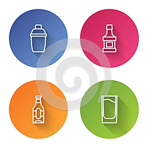 Set line Cocktail shaker, Whiskey bottle, Beer and Shot glass. Color circle button. Vector