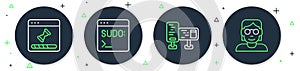 Set line Code terminal, Computer monitor screen, Loading data window and Hacker coder icon. Vector