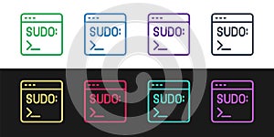 Set line Code terminal icon isolated on black and white background. Browser window with command line. Command panel