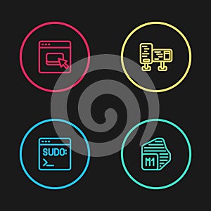 Set line Code terminal, Processor, Computer monitor screen and Browser files icon. Vector