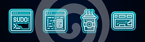 Set line Code terminal, Software, Coffee cup to go and Keyboard. Glowing neon icon. Vector