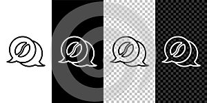 Set line Coffee and conversation icon isolated on black and white background. Coffee talk. Speech bubbles chat. Vector