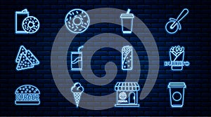Set line Coffee cup, Burrito, Glass with water, Soda can drinking straw, Nachos, Aluminum soda and donut, and Donut icon